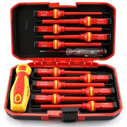 10 - Piece VDE Insulated Screwdriver Set with Magnetic Tips and Case for Home and Professional Electricians (13 PCS Combo)