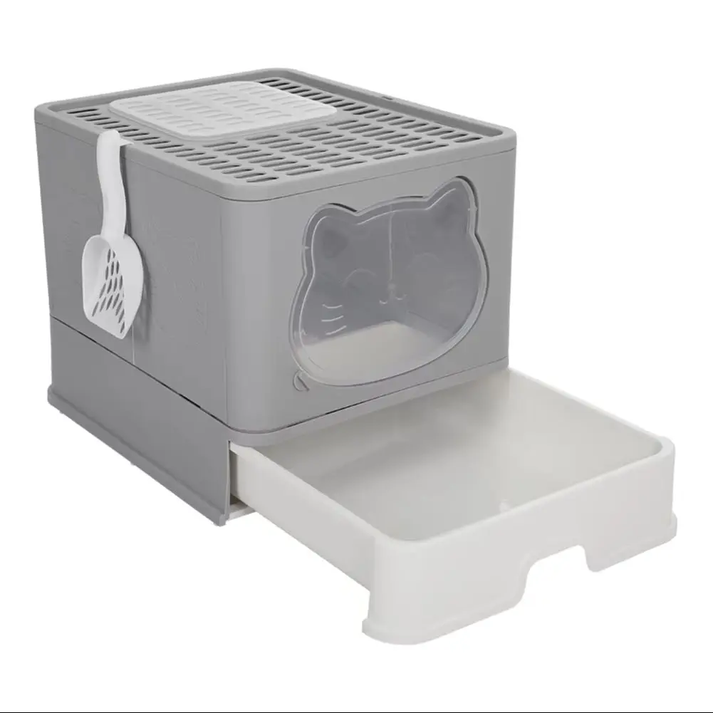 Grey Large Hooded Cat Litter Box Litter Tray with Scoop Odour Removal - Image 3