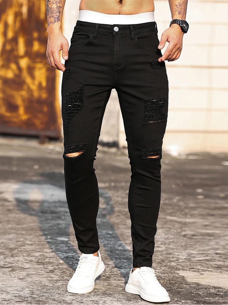 Fashion Men's Street Ripped Jeans Pure Black Stretch Tight Small