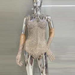 Sparkly Luxury Diamond Bodysuit Women Sexy Sleeveless Rhinestone Bodysuit Jumpsuit Stage Birthday Dance Dress Evening Outfit