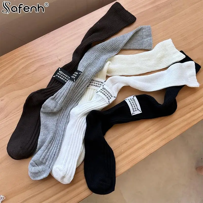 

1Pair Solid Color Long Socks Women Fashion Cloth Label Numbers Long-tube Socks Casual Sports Cotton Outside Wear Knee-high Sock