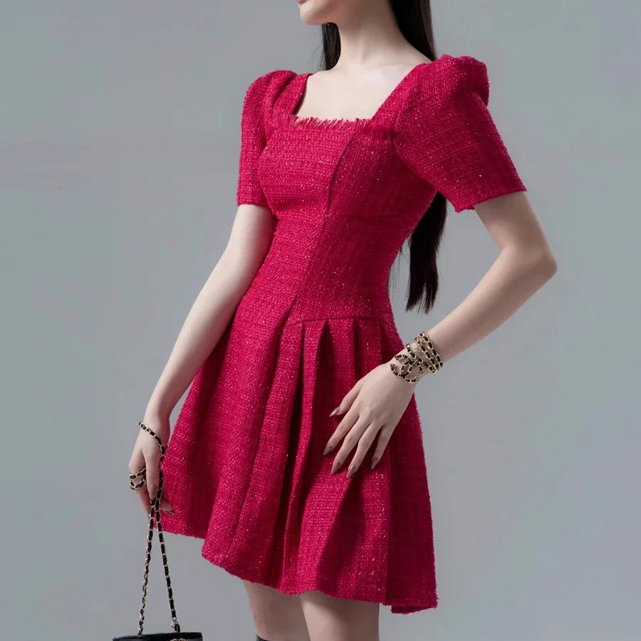 

Runway Design Red Tweed Dress Women Puff Sleeve Elegant Square Neck Vintage Women's Clothing Mini Dresses Ladies Tassel