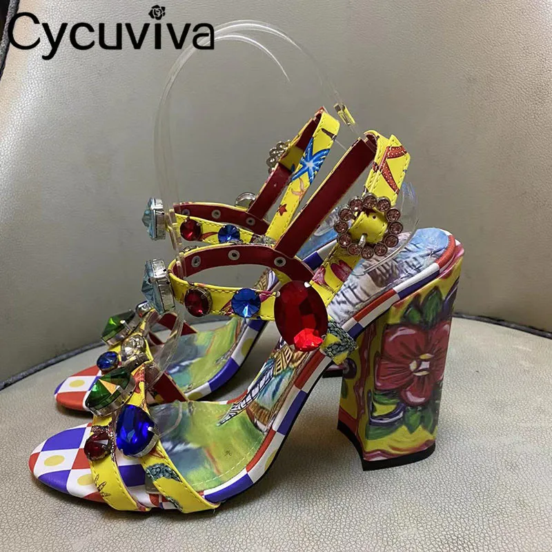 

Luxury Brand High Heels Sandals Women Round Toe Leather Designer Crystal Shoes Summer Wedding Runway Party Shoes For Women Mujer