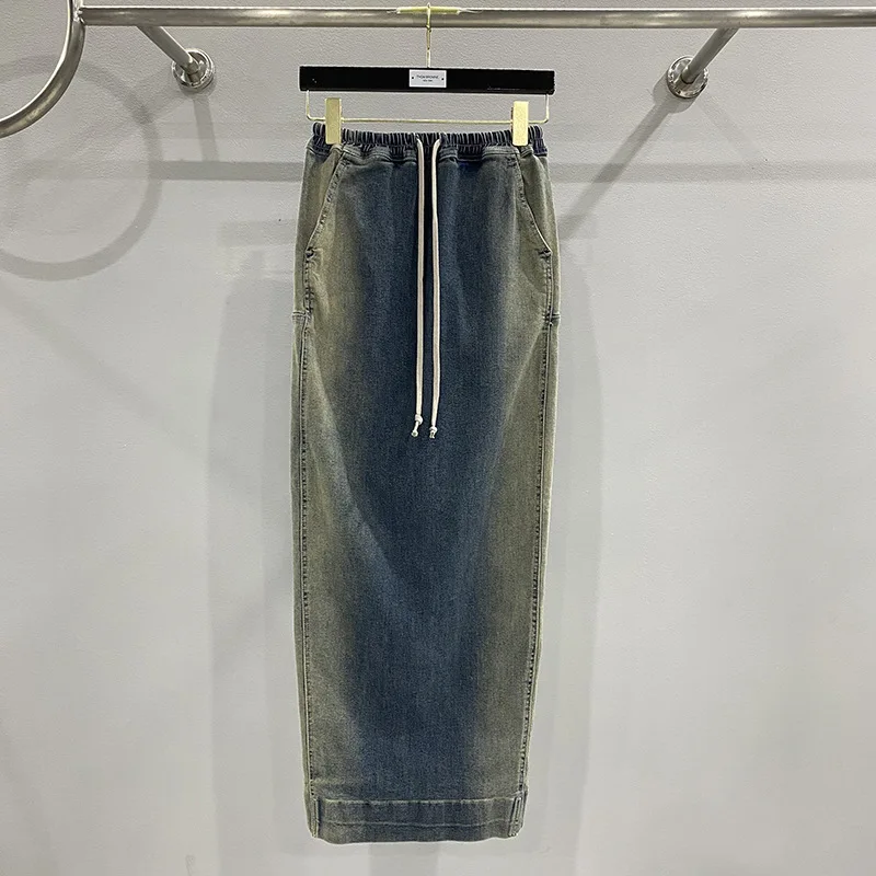 

2023 Rick High Street Denim Skirt for Woman Y2k Vintage Ro Owens Gradient Washed Denim Drawstring Floor Length Skirt