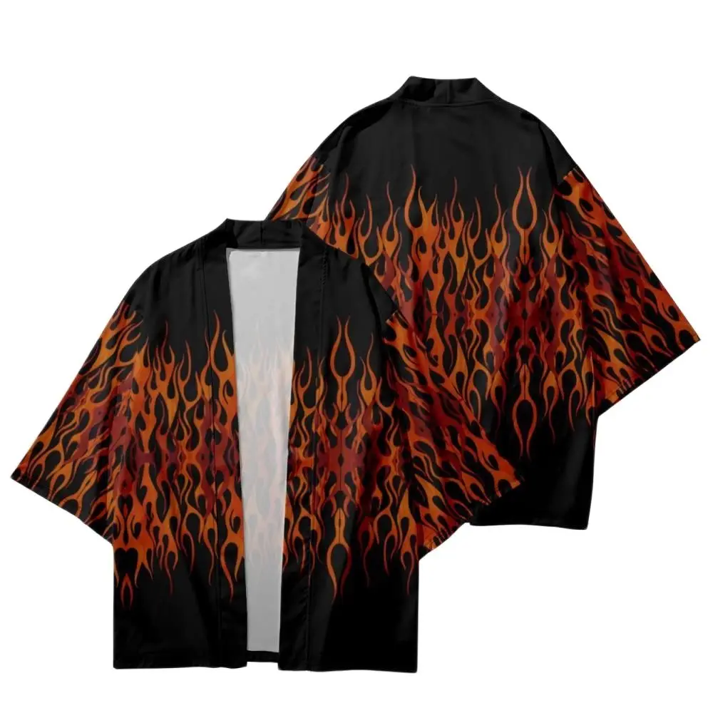 

Summer Loose Orange Flame Printed Black Cardigan Beach Shorts Streetwear Men Women Japan Kimono Shirt Haori Cosplay Yukat