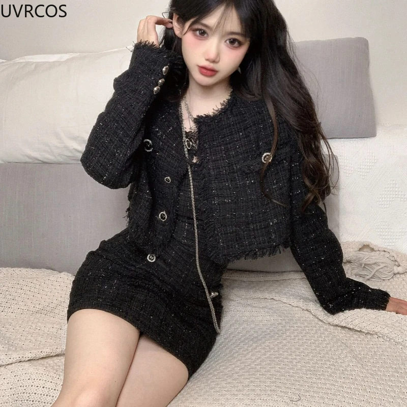 Black Korean Style Retro Elegant Two Piece Set Women Fashion Tassels Short Jackets Casual Strap Party Mini Dress Female Y2k Suit 6