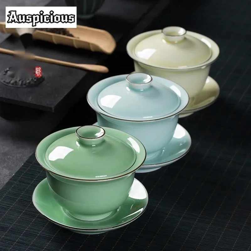 220ml Handmade Longquan Celadon Gaiwan Traditional Tea Brewing Cup Tea Tureen Making Cover Bowl Drinkware Decoration Gifts