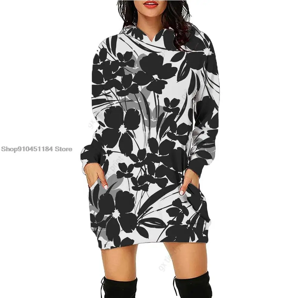 

2023 Women's 3d Floral Print Hoodies Dress Fashion Elegant Pullover Winter Harajuku Vintage Clothing Female Casual Dress Hoodies