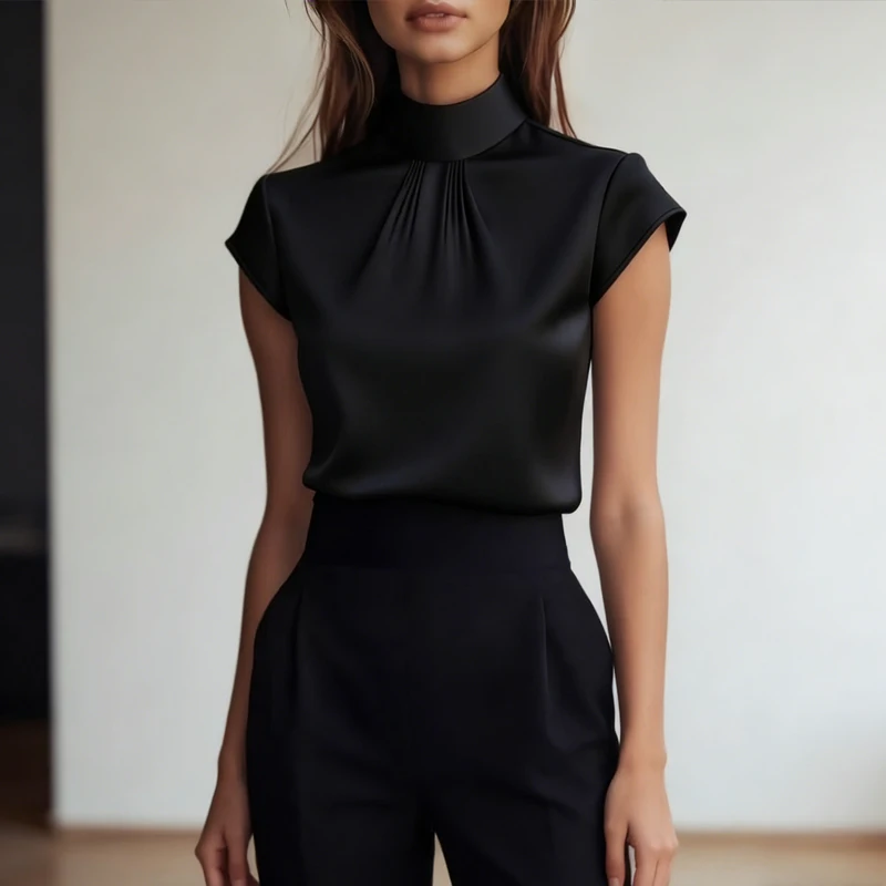 Fashion New Spring and Summer Semi-high-neck Pleated Short-sleeved Shirt Elegant Solid Color Casual Stain Blouse Clothing Women