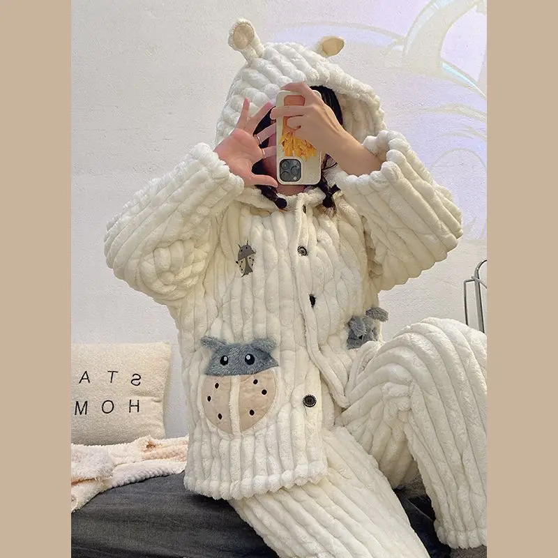 Pajamas Winter Sweet Students Plus Padd Sleepwear Suit Female Coral Velvet Flannel Cute Three-layer Cotton Home Clothes Set