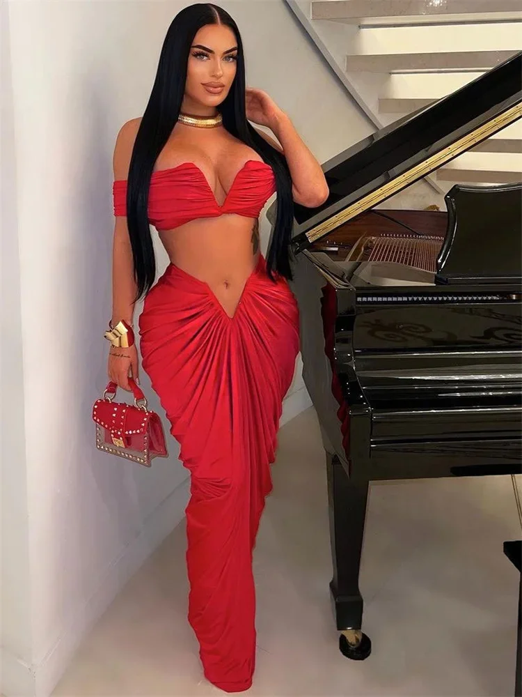Wmstar Dress Sets Women Sexy Party Two Piece Crop Top Draped Skirts Matching Suits Club Outfits Wholesale Dropshipping S-3xl