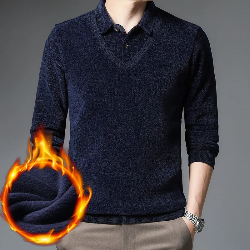 Winter New Fleece-lined Thickened Sweater Middle-Aged and Elderly Men's Clothes Sweater Chenille Cross-Border Men