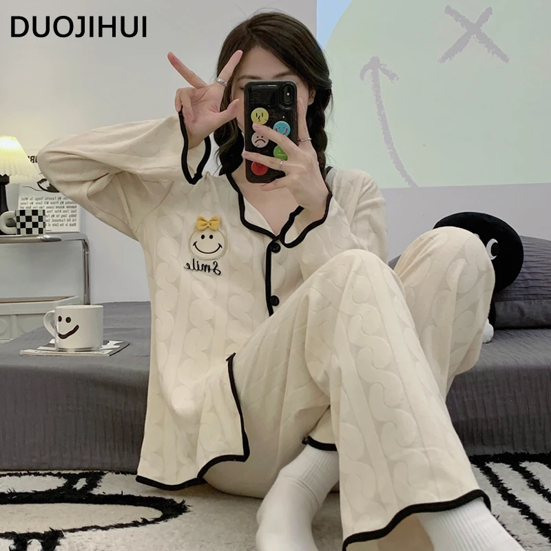 

DUOJIHUI Autumn New Loose Casual Pajamas for Women Classic Long Sleeve Cardigan Simple Pant Fashion 4-colors Female Pajamas Set