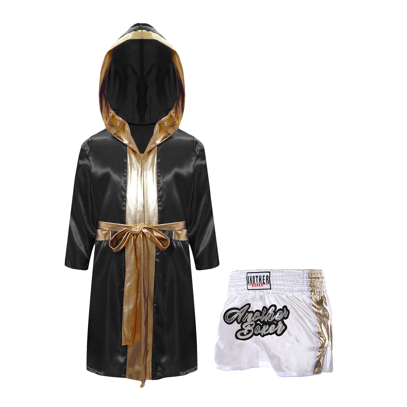 Children Boys Boxing Outfit Halloween Cosplay Costume Kid Long Sleeve Metallic Trim Satin Belted Robe Hooded Cloak+Short Set