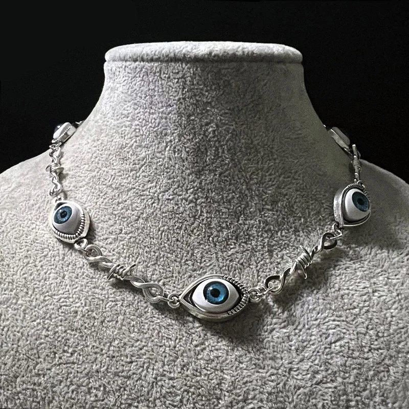 

Halloween Blue Human Eyes Ball Necklace Alien Eye Small Wire Brambles Iron Unisex Choker Hip-hop Gothic Punk Style Gifts