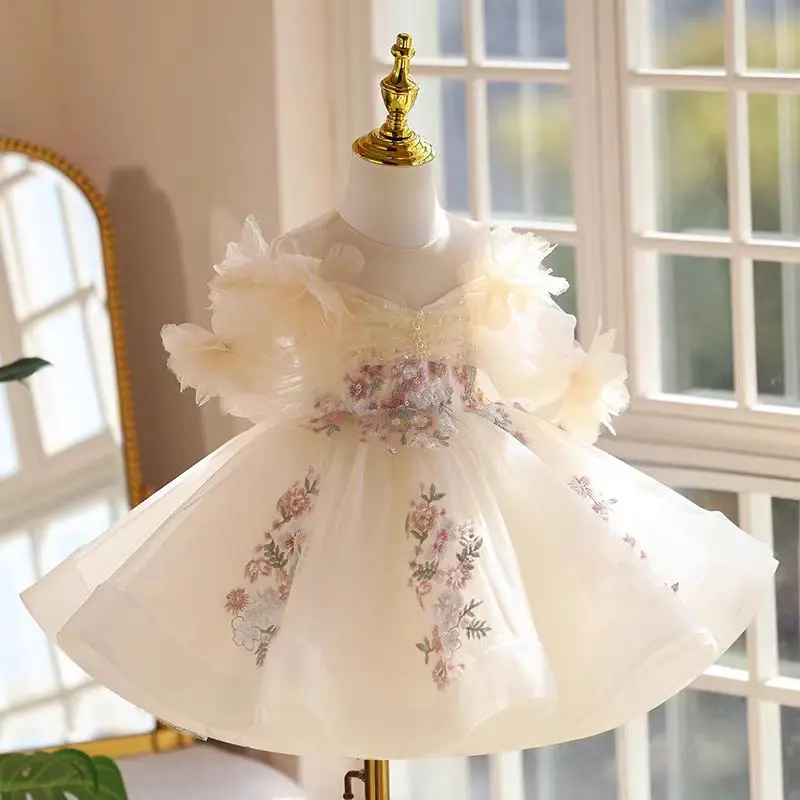 Abito Lungo Bambina In Tulle Con Paillettes E Pizzo Ricamato - Per Matrimoni, Comunioni E Feste - Taglie 120-170