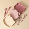 3PCS Silicone Baby Tableware Snack Dishes Soft Spoon Fork Cartoon Bear Plate Solid Color Baby Food Storage Suction Lunch Box 1