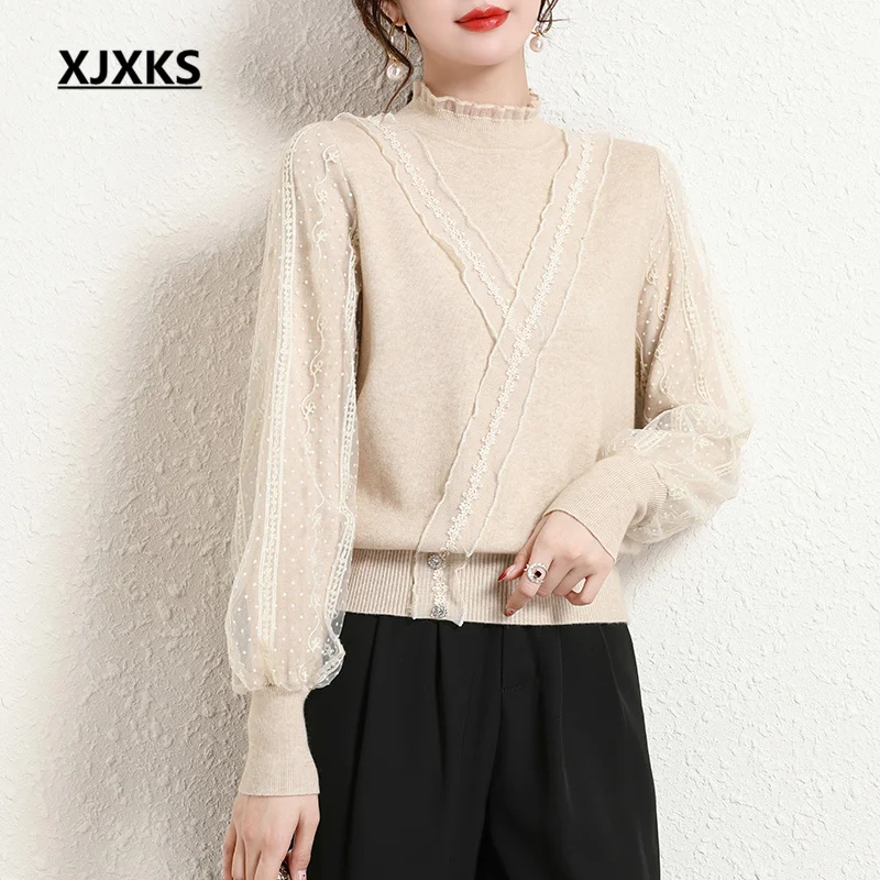 

XJXKS 2022 Autumn Winter New High Quality Wool Knitted Pullover Comfortable Half Turtleneck Women's Sweater Jumper