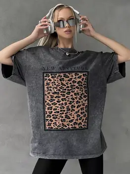 Cotton Washed T-shirt for Women New Attitude Fashion Leopard Prints Tops Loose O-Neck Oversized Short Sleeve Y2k Female Clothes 1