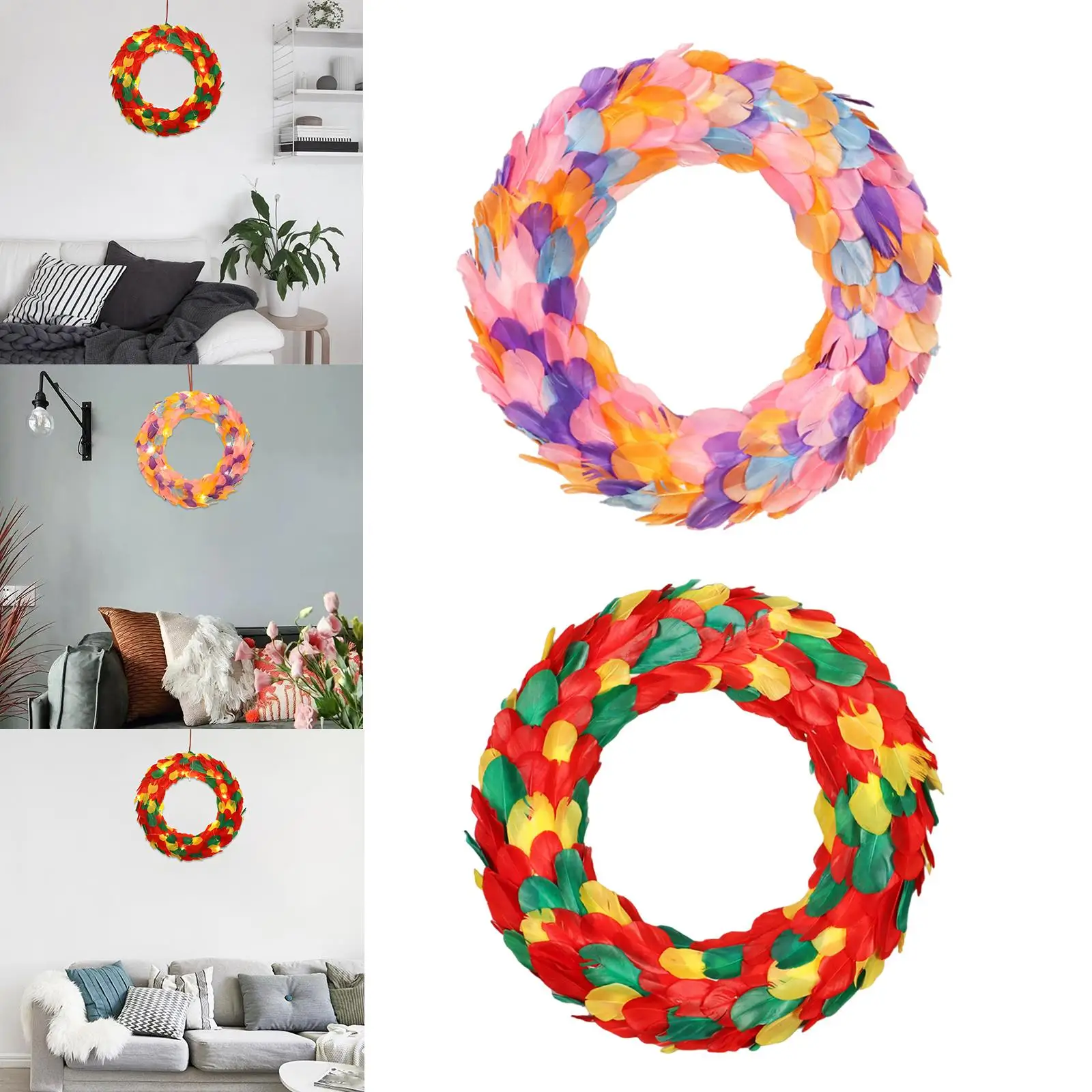 33cm Easter Feather Wreath with Lights Handmade Colorful Party Wedding