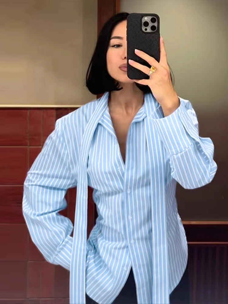 Fashion Women's Shirt Plaid Turn-down Collar Full Sleeve Backless Lace Up Female Shirts 2025 Spring Chic New Lady Street Tops 4
