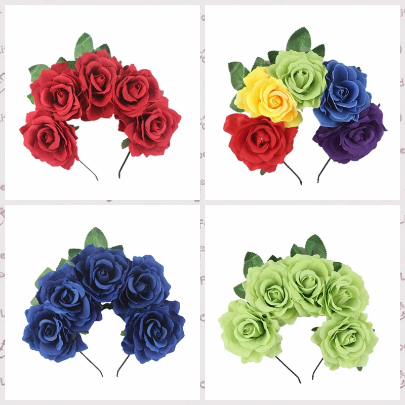 

1pc Halloween Headband Ladies Girls Day Of The Dead Red Rose Flowers Headdress Floral Hair Band Party Cosplay Hair Accessories