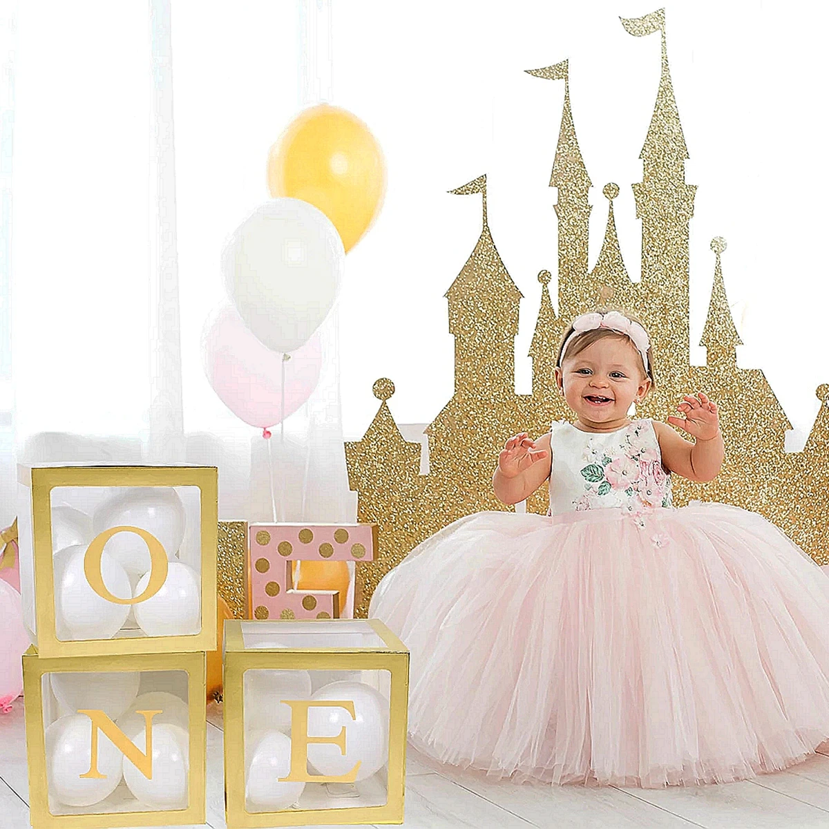 Kit Decorazione Primo Compleanno – 3 Scatole Trasparenti + 24 Palloncini Rosa E Bianchi + Lettere ONE