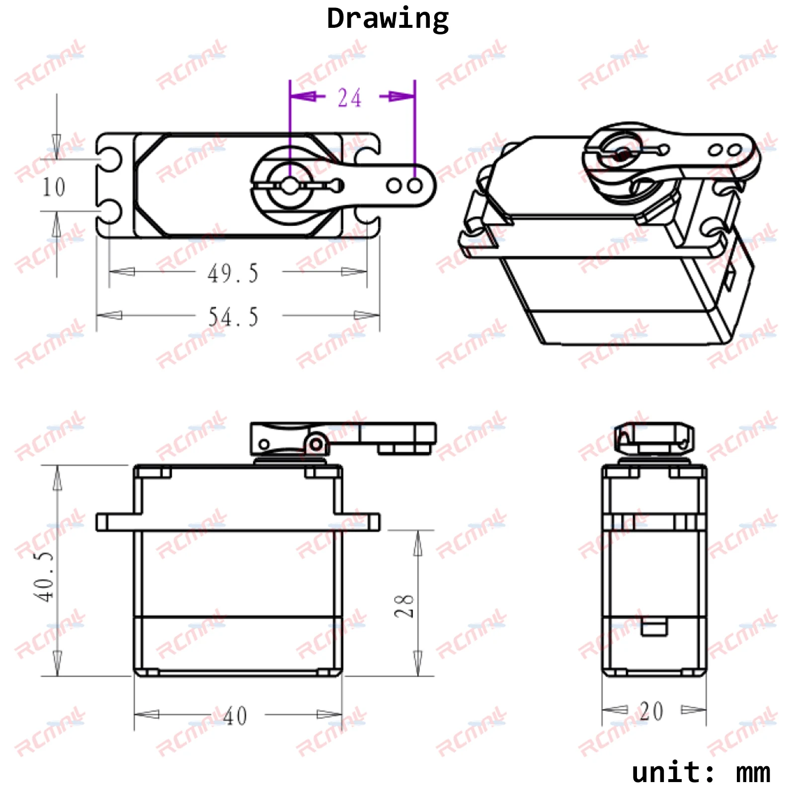 Servo numérique sans balais 75kg 7.4V IP67 180/270/360° pour RC