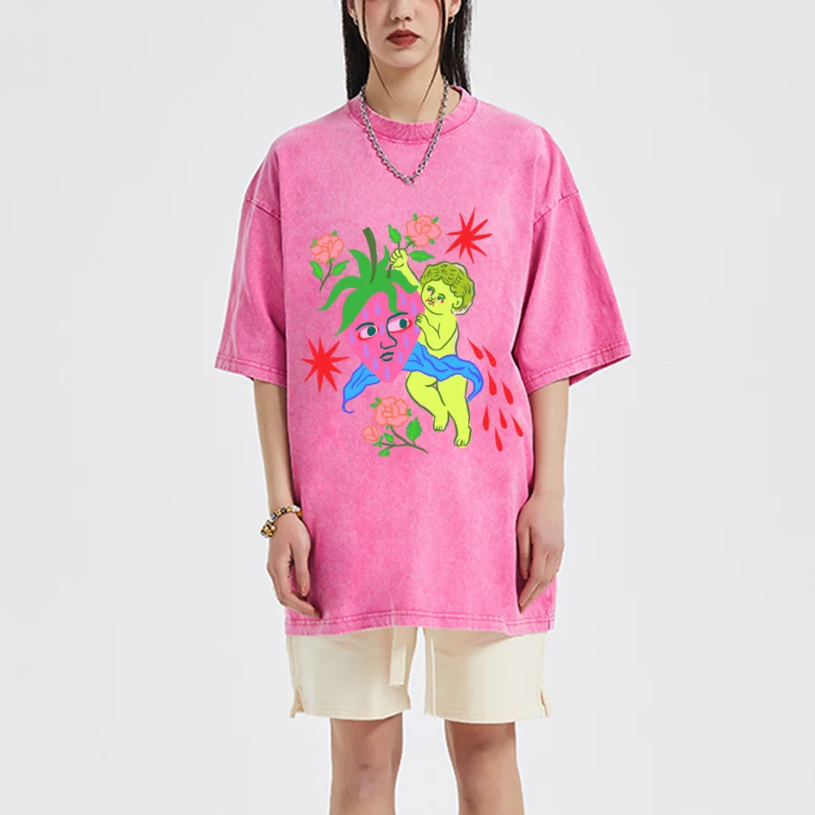 

Fashion Retro Round Neck Short Sleeve Loose T-shirt Washed Denim Fabric Anime Illustration Printing Cute Quirky 2024