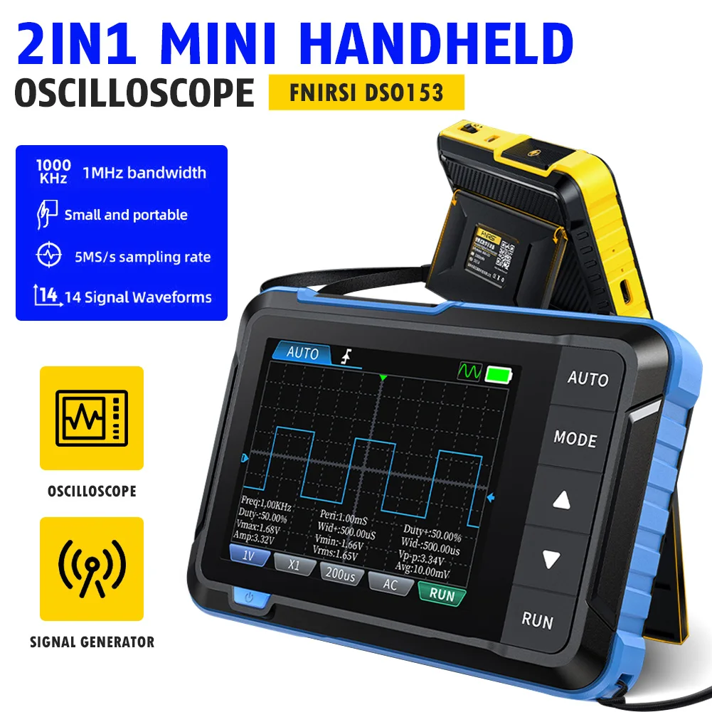 Produktbild von WapoRich DSO153 Mini-Oszilloskop – 2-in-1 Mit 1 MHz, 5 MSa/s, 14 Signalformen, 100 G – Für Unterwegs & Fehlersuche