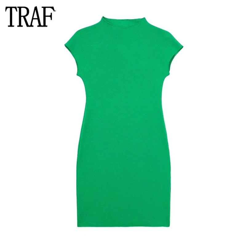 

TRAF Green Knitted Short Dresses for Women Bodycon Sweater Dress Woman Short Sleeve Office Female Dress Streetwear Dress Women