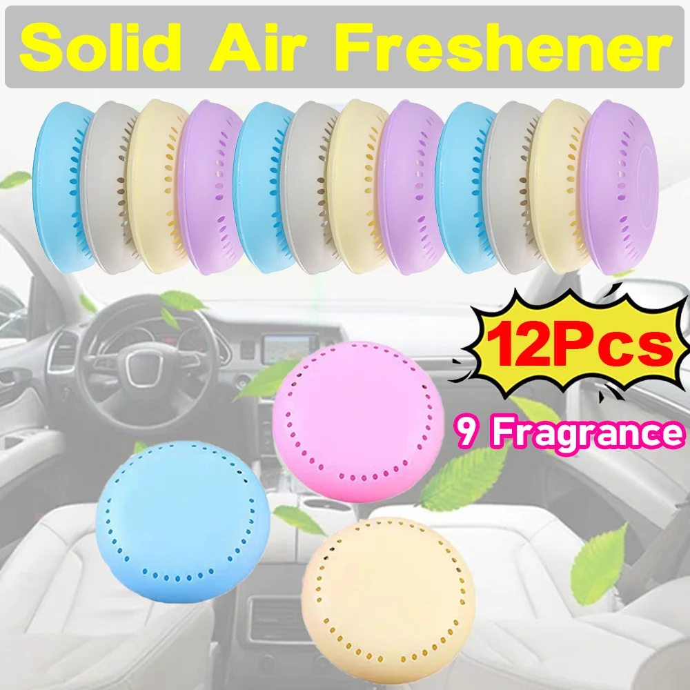 12Sets Car Air Freshener Solid Natural Scent Aromatherapy Diffuser Kit Stick-on RoundDiffuser Box Long-Lasting Fragrance Perfume