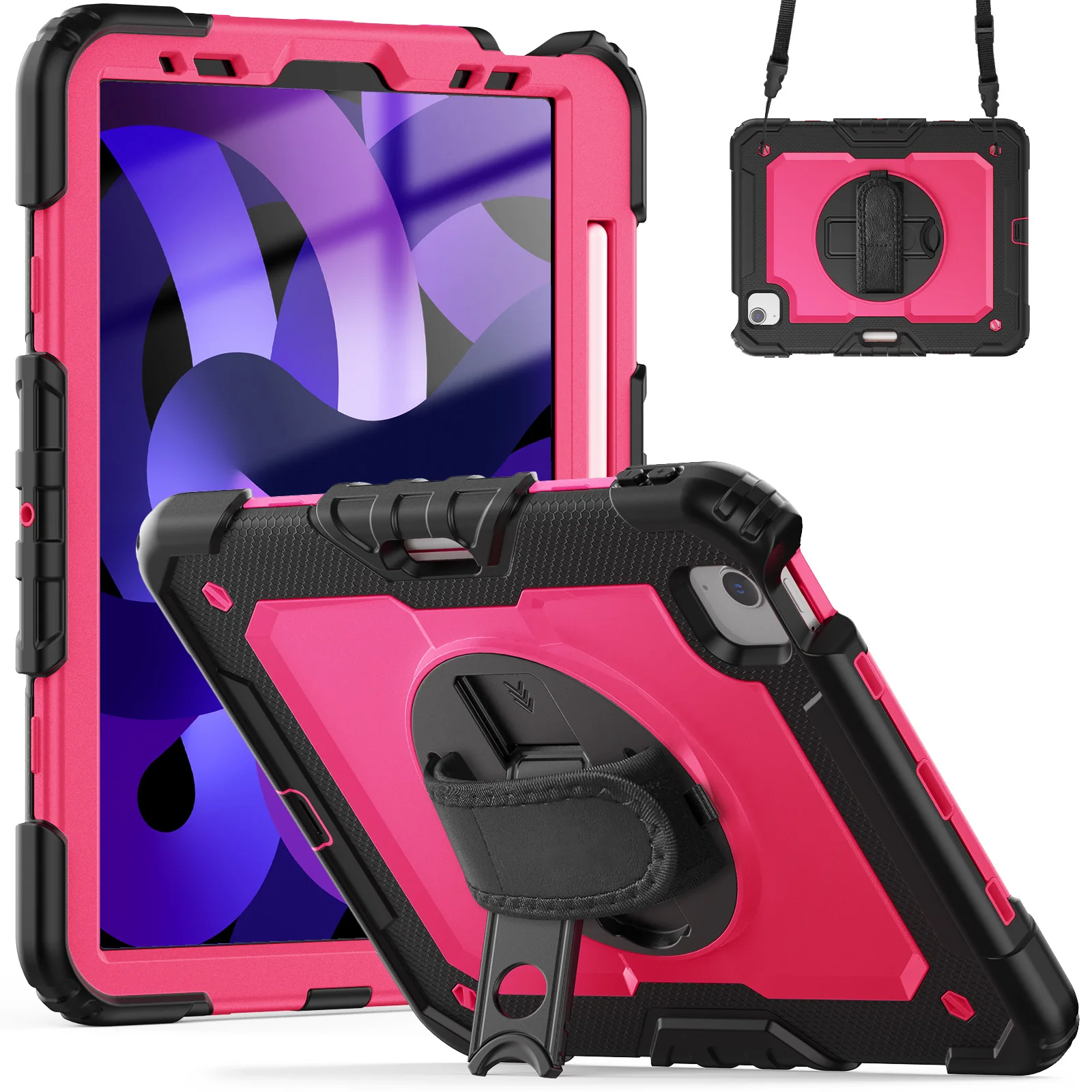 Shockproof Tablet Case with Screen Protector and 360° Rotating Hand Strap, Featuring Pencil Holder
