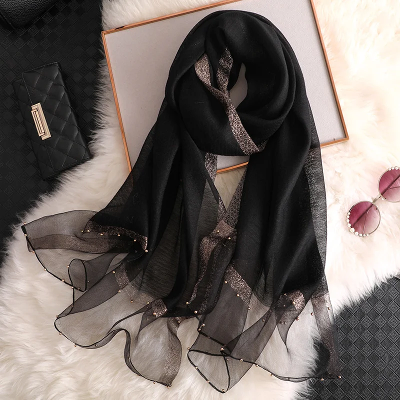 2024 Luxury 100% Silk Shawl Scarf for Women Design Embroidery Flowers Hijab Wraps Bufandas Female Headkerchief Fouloud Echarpe 3