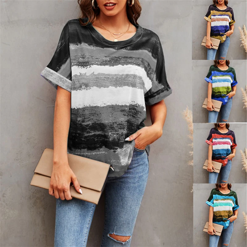 Summer New Casual Top Tie-Dye Striped Loose Short-Sleeved Round Neck Shirt Fashion Plus Size Pullover T-Shirt 2022 Streetwear cheap t shirts