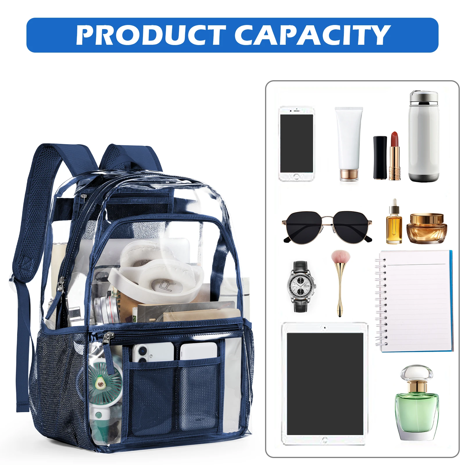 Clear Polyester Backpack - Stylish Transparent Daypack for School Multipocket Transparent Backpack Casual Modern Aesthetic Bag ﻿