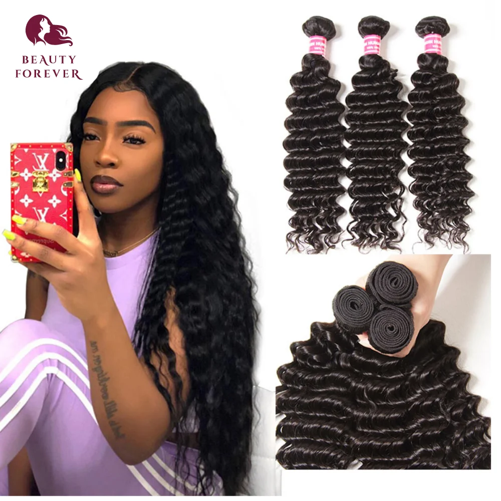 BEAUTY FOREVER 4 PCS Malaysian Deep Wave Hair Bundles Extensions 100% Virgin Human Hair Weave Bundles Natural Color