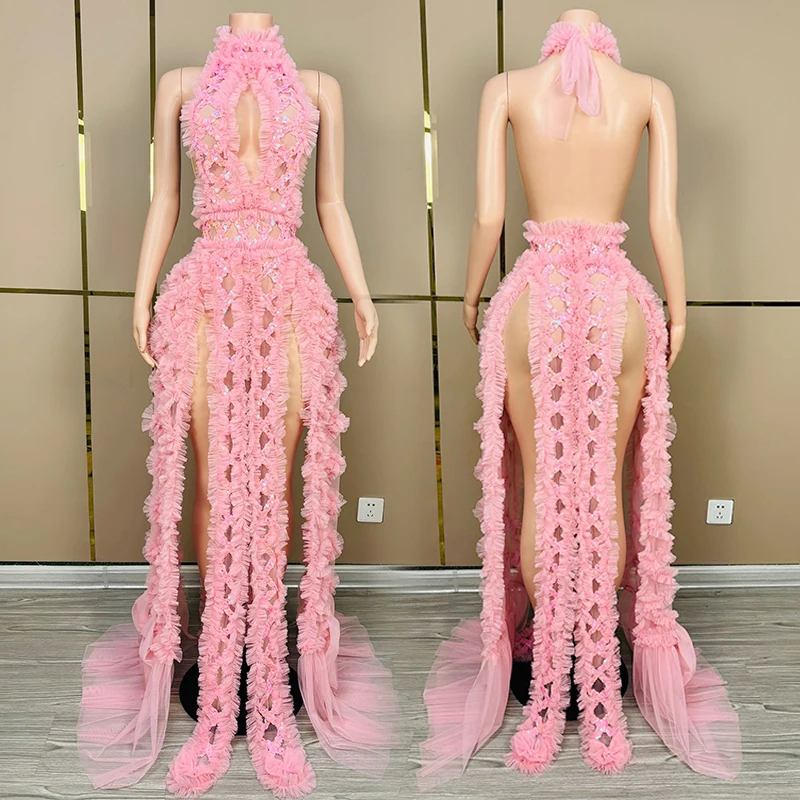 

Pink Sequin Gauze Dresses Women Birthday Party Clothing Halter Backless Singer Stage Performance Wear Drag Queen Costume