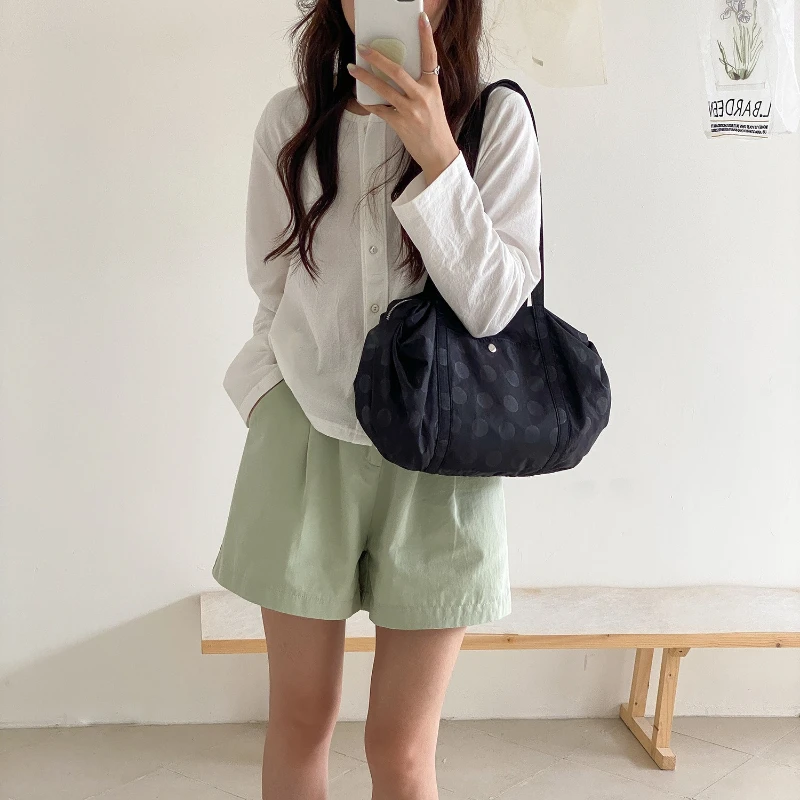Nuova Borsa a Spalla Plissettata a Pois Stile Coreano, Leggera in Tela, Grande Capacità, Casual e alla Moda - immagine 3