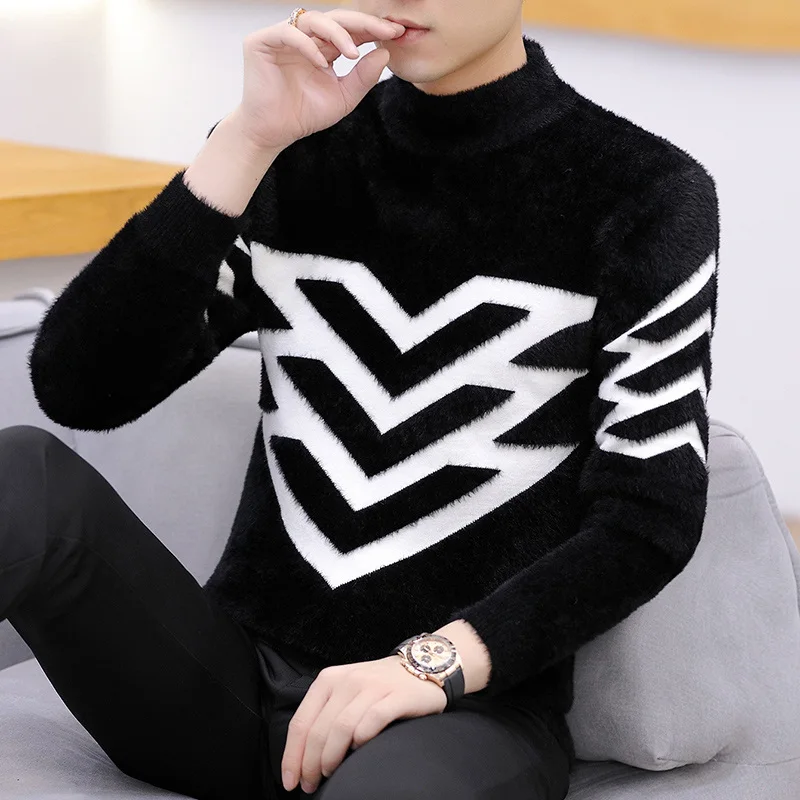 Korean Version Style Up Uppolo/Turtle Neck Sweater Loose Fit Versatile Winter Stretch Knitted Top Outer Wear Plush Top For Men 5