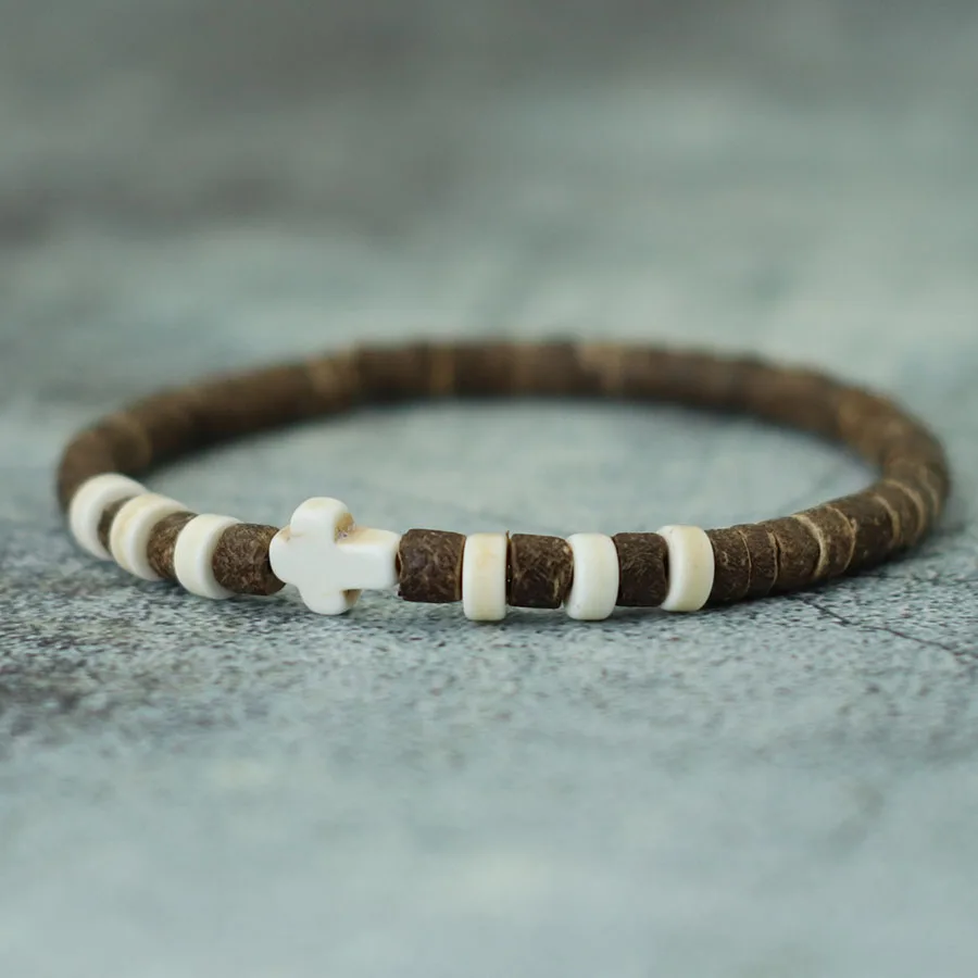 Minimalist isches Kreuz Armband Unisex natürliche Kokosnuss schale Strang Braslet Bohemia blau Howlite Stein Armband Freizeit zubehör Geschenk – Detail 10
