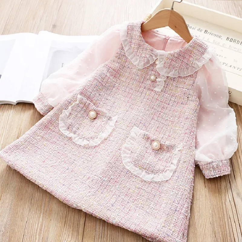 

Cute Baby Girls Dresses Spring Autumn Puffle Sleeve Kids Princess Clothes Plaid Doll Collar Party Teens Wear for 6 8 10 12 Years