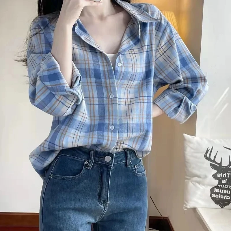 

Женская рубашка в клетку, голубая однобортная Свободная блузка с длинным рукавом, весна-лето 2023