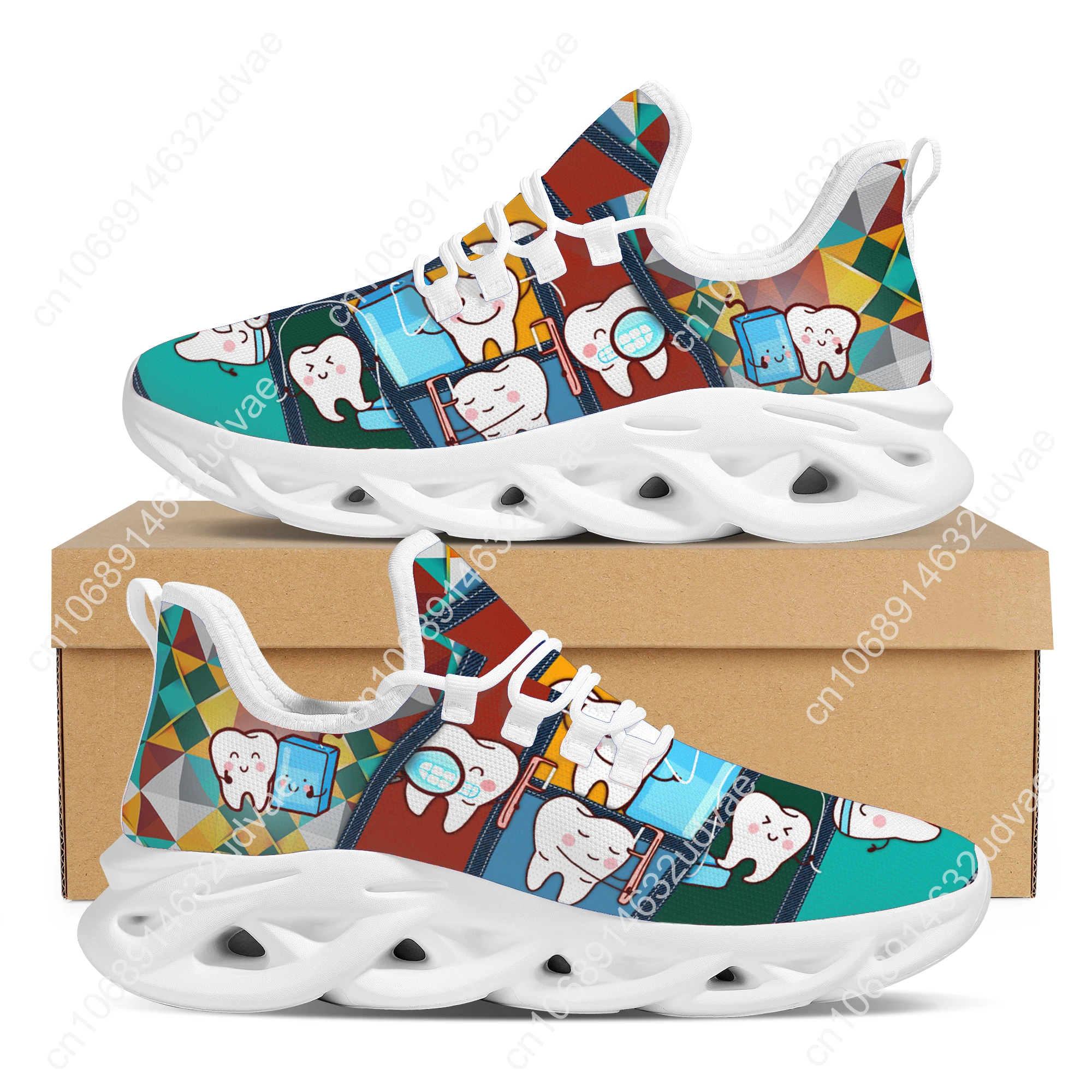 Women Flats Cartoon Lattice Tooth Pattern Casual Shoes Breathable Mesh Female Sneakers Zapatos Mujer 2022