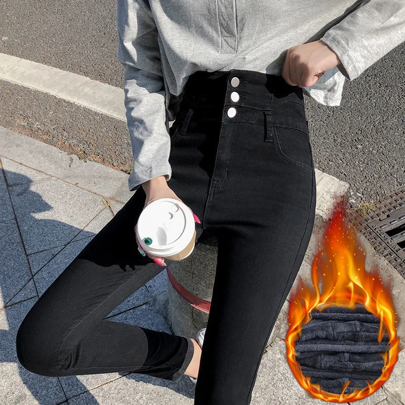 Streetwear High Waist Plush Lined Jeans Winter Thicken Slim Denim Pants Women's Skinny Pencil Vaqueros Vintage Leggings Trousers