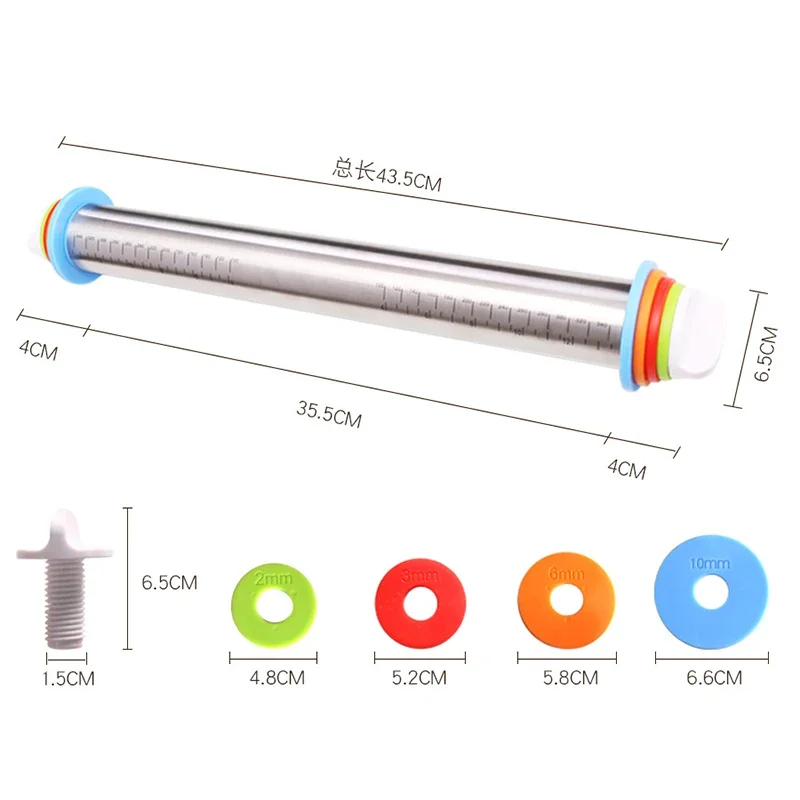 Multi-Function Stainless Steel and Silicone Rolling Pin with Adjustable Thickness Rings and Non-Stick Kneading Mat