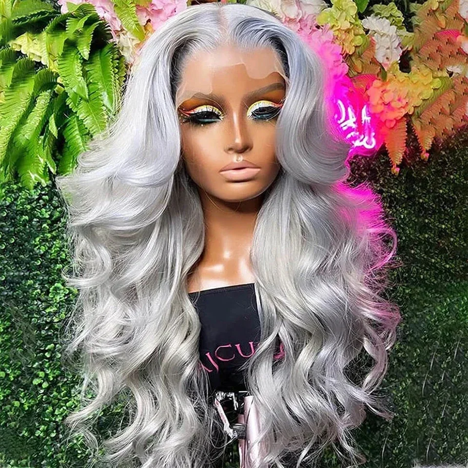 13x4 Gray Body Wave Lace Front Wig Brazilian Transparent Lace Frontal Wig Silver Grey Colored Straight Human Hair Wigs