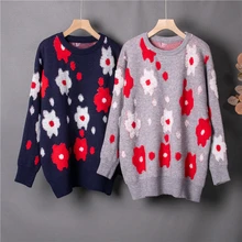 

Vintage All-Match Floral Jacquard Knitted Pullovers For Women Tide Retro Round Neck Chic Loose Sweater Mujer Ins Spring 2022 New
