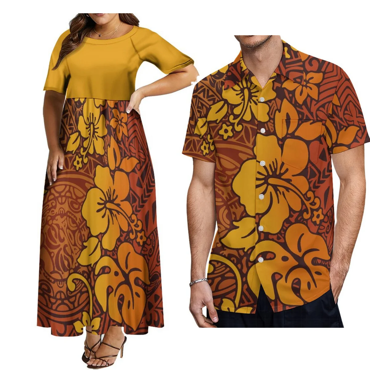 

High Quality Samoan Women'S Crew-Neck Long Short Sleeve Dress Polynesian Tribal Design Printed Men'S Shirt Couple Set