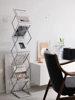 Nordic folding bookshelf home vertical floor magazine rack floor creative art small bookcase storage shelf